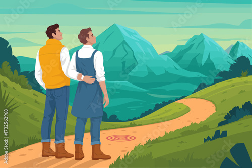 A couple stands hand in hand, gazing at stunning mountains in a serene landscape, expressing love, nature's beauty, and a sense of adventure together.