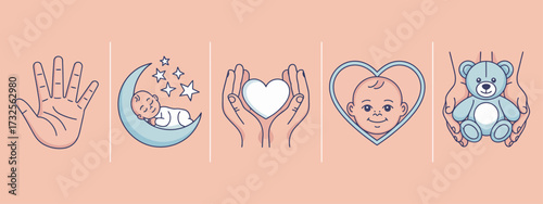 This image showcases a series of tender baby-themed icons symbolizing care, love, and nurturing, ideal for expressing the joy of parenthood and childhood.