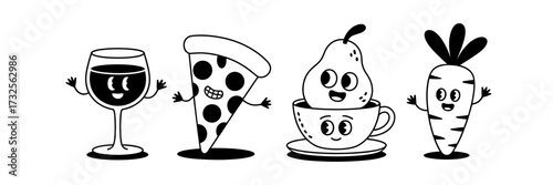 In this enchanting illustration, charming food characters including a drink, pizza, pear, and cup engage viewers with their expressive and animated faces, embodying playfulness and joy.