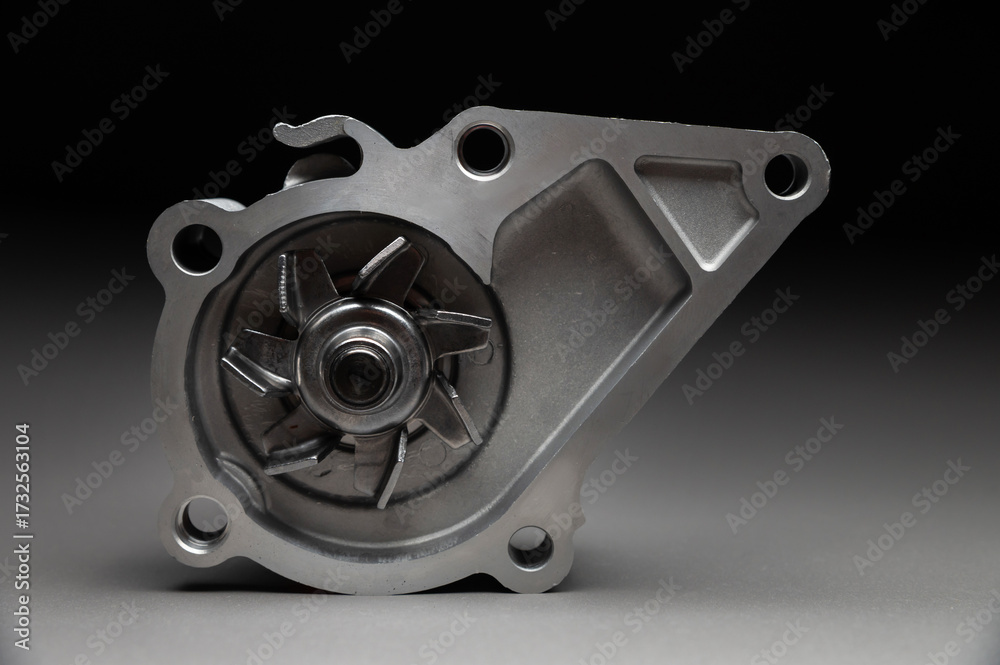 Obraz premium A new car part on a gradient gray background. Close-up of a new internal combustion engine coolant pump. Contrast backlighting.