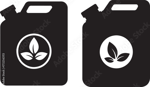 Two black silhouette jerrycans with green leaf eco symbol silhouette