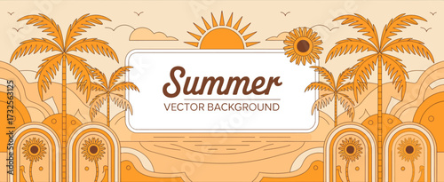A vibrant summer vector background featuring sun, palm trees, and sunflowers, perfect for conveying the warmth and joy of the sunny season in marketing designs.