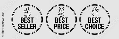 Three distinct badges emphasizing bestselling products, best pricing, and top choices are crucial for marketing strategies to attract and inform potential buyers effectively.