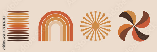 This image features a collection of retro-inspired abstract shapes characterized by warm, earthy tones, showcasing a unique blend of patterns and forms.