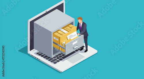 Man organizing digital files on a laptop representing data management and archiving