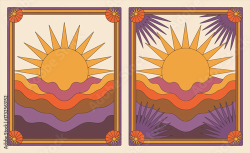 This artwork features a vibrant sunrise with stylized waves in warm colors, creating an inspiring and calming atmosphere, perfect for various design applications.