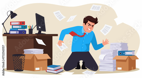Frustrated office worker overwhelmed by paperwork and deadlines in a messy office