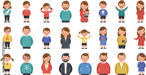 Cute family characters set, parents with children, kids and adults avatars, happy household portraits, parenting lifestyle vector illustration