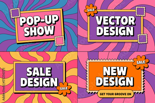This vibrant promotional design features trendy text boxes, lively colors, and playful patterns, perfect for showcasing sales and events in an engaging and eye-catching way.