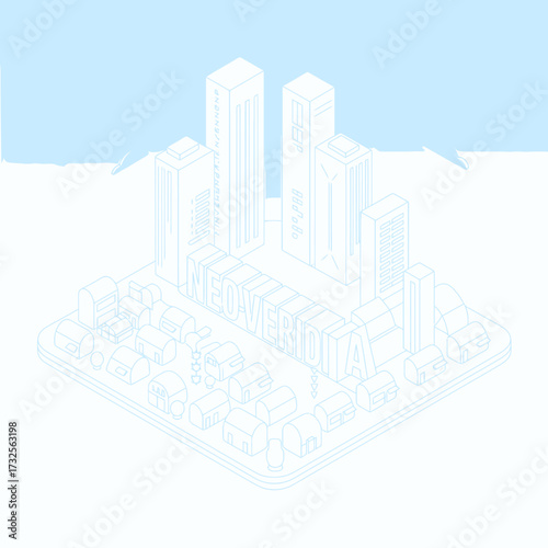 This image presents a stylized depiction of a futuristic cityscape named NeoVerdia, showcasing sleek skyscrapers and a vibrant urban environment.