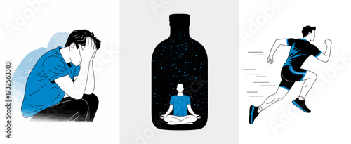 This artwork portrays emotional well-being, with a figure meditating and contrasting illustrated emotions, creating a visual narrative about mental health awareness and relief.