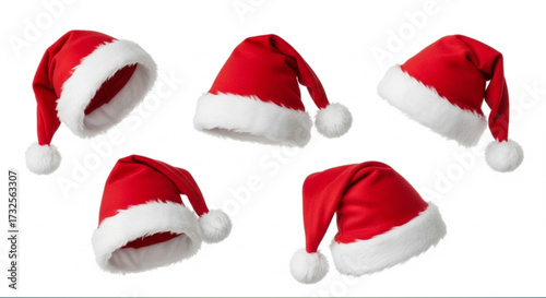 Realistic set of red santa hats. New Year red hat. - stock vector