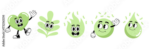 A fun collection of cute green characters representing leaf, heart, flame, droplet, and their appealing expressions, showcasing joy and personality in an illustration.