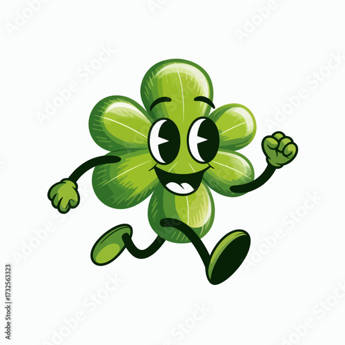 A vibrant cartoon clover character joyfully running with a grin, showcasing a playful and lively persona imbued with a sense of fun and positivity in motion.