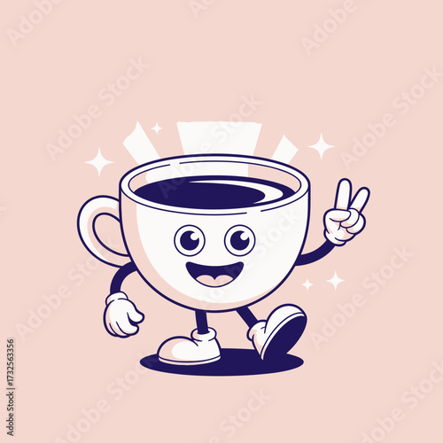 A cute cartoon illustration of a smiling coffee cup character joyfully waving, radiating positivity and energy, ideal for social media or coffee-themed designs.