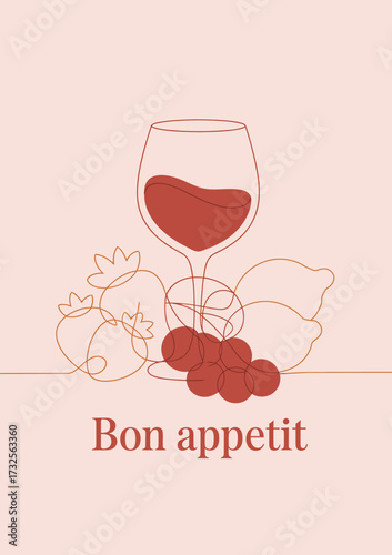 This minimalist 'Bon Appetit' illustration emphasizes a wine glass amidst various fruits, celebrating the joy of dining and indulgent culinary experiences.