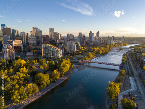Aerial photograph of Calgary's downtown along the Bow River on a beautiful autumn evening.
