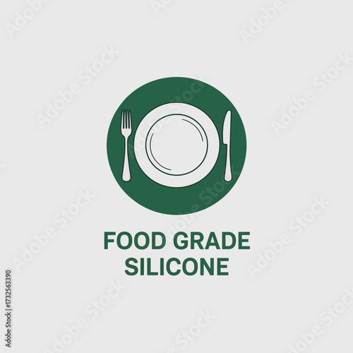 An elegant label design for food-grade silicone, featuring a clean depiction of utensils and a plate, highlighting safety and modernity in kitchenware and lifestyle products.
