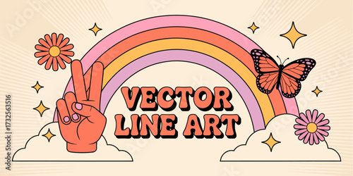 This cheerful and colorful vector art features a rainbow, peace sign hand gesture, butterflies, and flowers, radiating positivity and creativity in every detail.