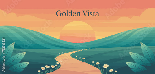 A serene landscape featuring rolling hills, a winding path, and a vibrant sunrise, evoking feelings of peace, tranquility, and the beauty of nature's transitions.