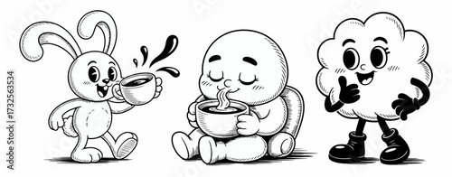 A whimsical illustration featuring cute characters enjoying warm beverages, perfect for adding a playful touch to children's designs or cozy themes.