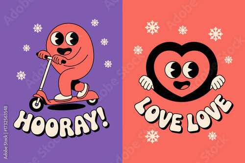 A whimsical illustration of a round character happily riding a scooter, embodying joy and excitement with a heart character in a bright, colorful design.