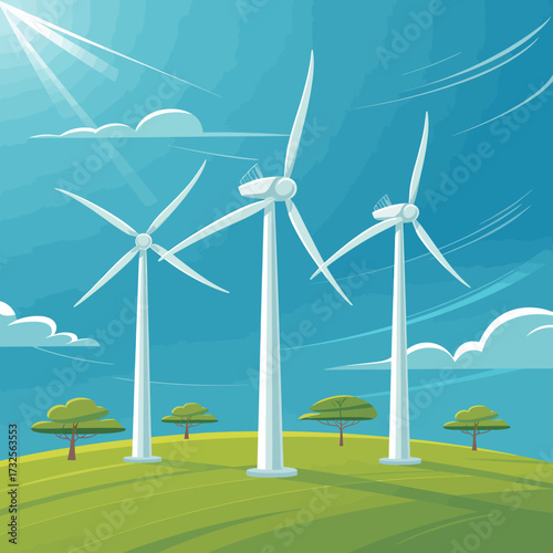 This image depicts three tall wind turbines standing majestically on a lush green hill against a backdrop of a vibrant blue sky, symbolizing renewable energy and sustainability.