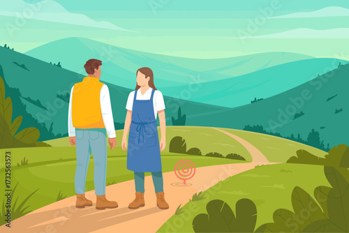 A couple stands on a scenic path surrounded by lush hills and mountains, symbolizing adventure and connection in an idyllic outdoor setting.