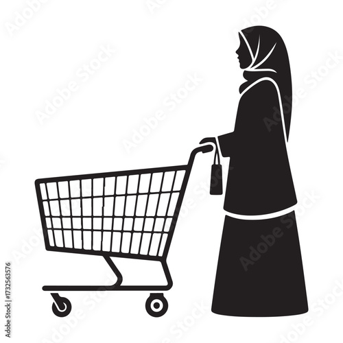 Woman wearing hijab pushing a shopping cart in a store silhouette