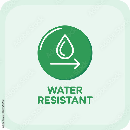 This image depicts a water droplet with an arrow, clearly indicating water resistance. The vivid green background enhances its visibility and modern design for easy understanding.