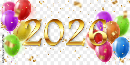Vector festive 2026 New Year confetti and flying balloons png. Golden bright confetti falls. Vector celebration background with confetti and 3d helium balloons. Isolated on transparent background.
