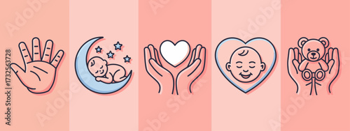This illustration features five hand-drawn icons representing love, care, and nurturing, including a baby's hands, moon, heart, and teddy bear, conveying warmth and affection.