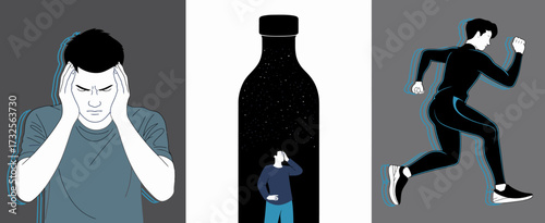 A dynamic artwork illustrating the emotional struggles of a figure, contrasting with a moving silhouette, reflecting on the importance of mental health and physical activity.