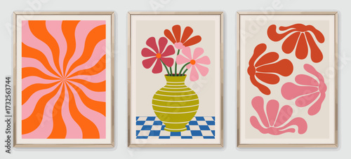 A collection of three vibrant artworks featuring charming floral arrangements paired with dynamic backgrounds in pink and orange tones, evoking warmth and creativity.