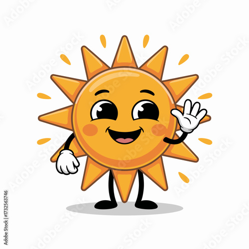 A cheerful cartoon sun character with an upbeat expression and waving hand, conveying positivity, joy, and warmth, perfect for children's themes and sunny illustrations.