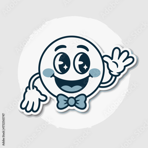 A delightful cartoon smiley character featuring sparkling eyes and a bowtie, signifying charm, friendliness, and the joy of connection in a playful design.