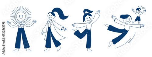 This illustration captures four colorful figures in joyful poses, radiating positivity and cheerfulness through their playful expressions and dynamic movements.