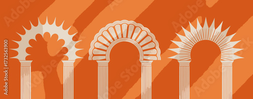 A sophisticated set of arch designs featuring intricate textures and shadows, displayed against an orange backdrop that emphasizes elegance and modern aesthetics.