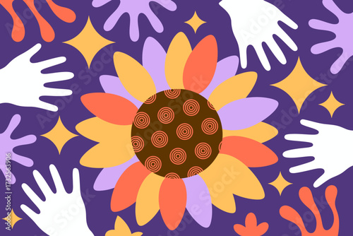 A vibrant composition featuring a large floral design with colorful petals, surrounded by whimsical hands and playful patterns that evoke warmth and joy.