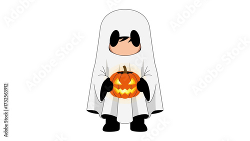 Spooky Specter with Festive Flair: A charming cartoon specter, complete with a bedsheet disguise and holding a jack-o'-lantern, embodies the playful spirit of Halloween.