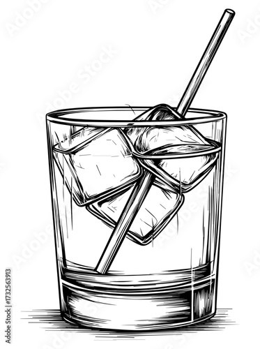 Rocks Glass with Straw SVG – Hand-Drawn Drink Vector. Cocktail Rocks Glass Vector, Beverage Illustration SVG.