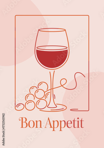 An elegant illustration of a wine glass and fresh fruits embodies the essence of 'Bon Appetit', inviting viewers into a world of culinary delight and appreciation.