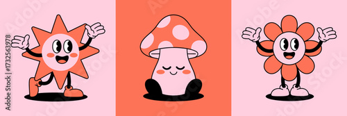 This fun illustration showcases a smiling star, an animated mushroom, and a lively flower, each bringing a sense of happiness and charm through their adorable designs.