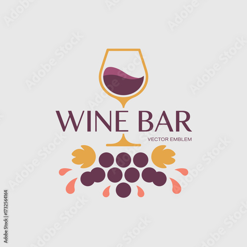 A minimalist logo design for a wine bar that elegantly showcases a wine glass alongside grapes, symbolizing enjoyment and sophistication in wine culture.