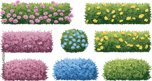 Flower bush illustration set, cartoon garden shrubs, colorful foliage icons, landscaping clipart pack, nature plant graphics, vector hedge elements, outdoor assets