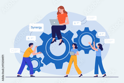 This illustration features a team engaging in dynamic cooperation around interlocking gears, highlighting the concept of synergy and collaboration in productive working environments.
