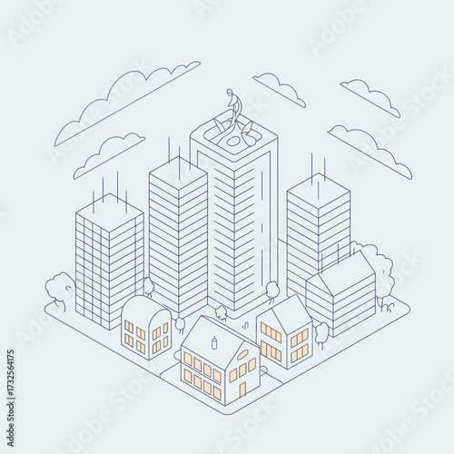 This image features a harmonious blend of residential houses and commercial skyscrapers, capturing the essence of modern urban living and collaboration.