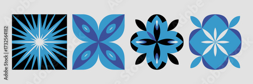 An intriguing collection of blue star-like motifs that evoke a sense of wonder and exploration, showcasing geometric patterns and a playful blend of colors in an artistic composition.