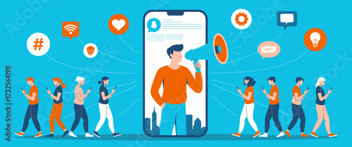 This vibrant illustration depicts a group of people interacting with their smartphones while a man emerges from a mobile device, representing social media engagement.