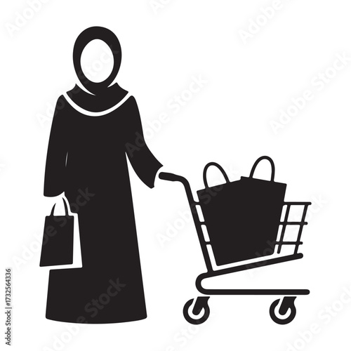 A woman wearing a hijab pushing a shopping cart with bags silhouette